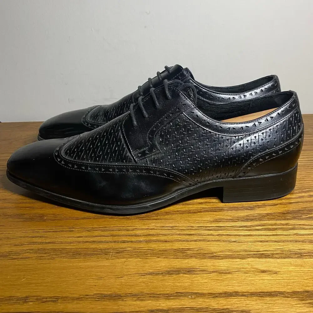 Stacy Adams Mens 10 W Melville Black Leather Oxford Perforated Wingtip Shoes